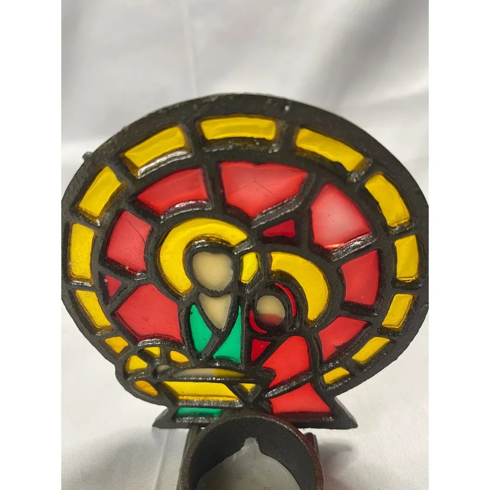 Vintage Stained Glass Holy Family Nativity Votive Candle Holder Cast Metal Decor